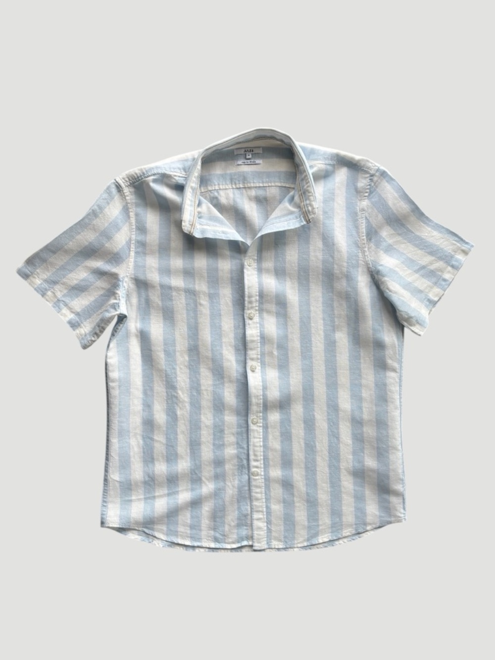 Linen Blend Blue White Striped Short Sleeve Shirt M